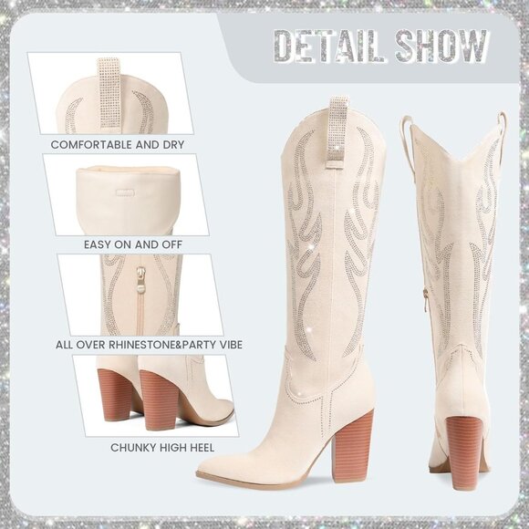 Women Suede Beige Rhinestones Embroidered Side Zip Pointed Toe Knee High Boots - Picture 5 of 6